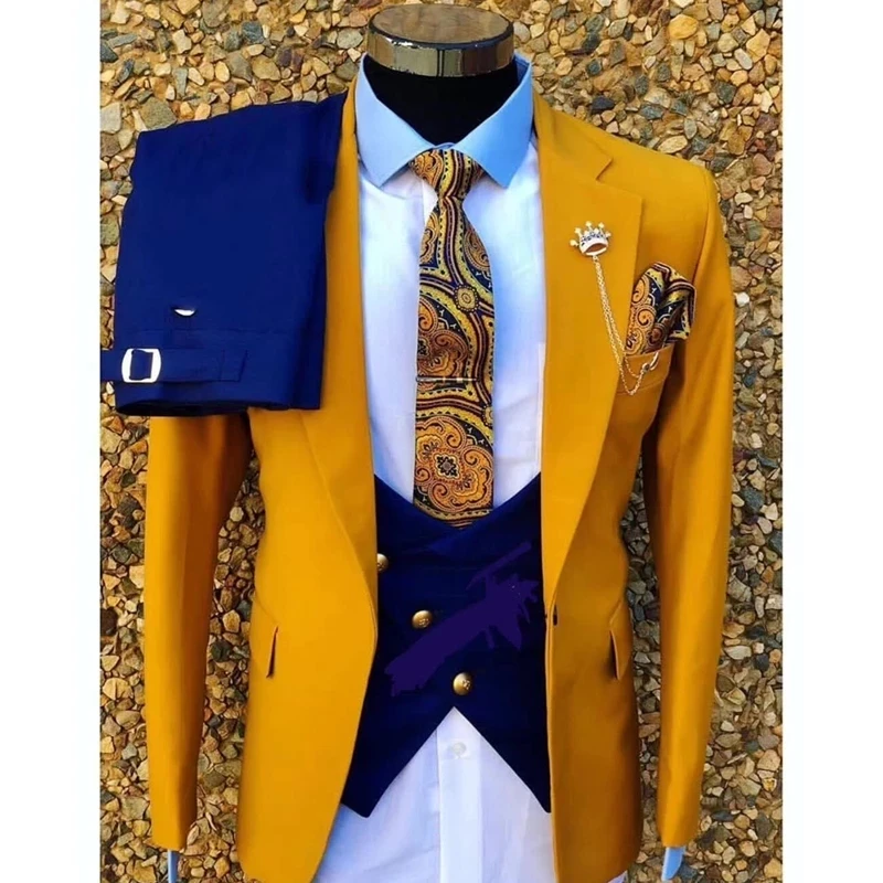 Wedding Suit For Men Yellow Coat With Blue Vest Pants Slim Fit 3 Piece Formal Best Man Party Custom Made Plus Size Suit
Wedding Suit For Men Yellow Coat With Blue Vest Pants Slim Fit 3 Piece Formal Best Man Party Custom Made Plus Size Suit