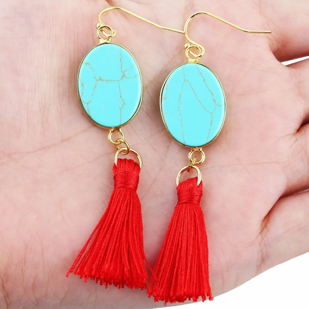 

TUMBEELLUWA Tassel Earrings Boho Long Earrings Semi Precious Stone Bohemia Tassel Hook Drop Dangle Earrings Women Jewelry