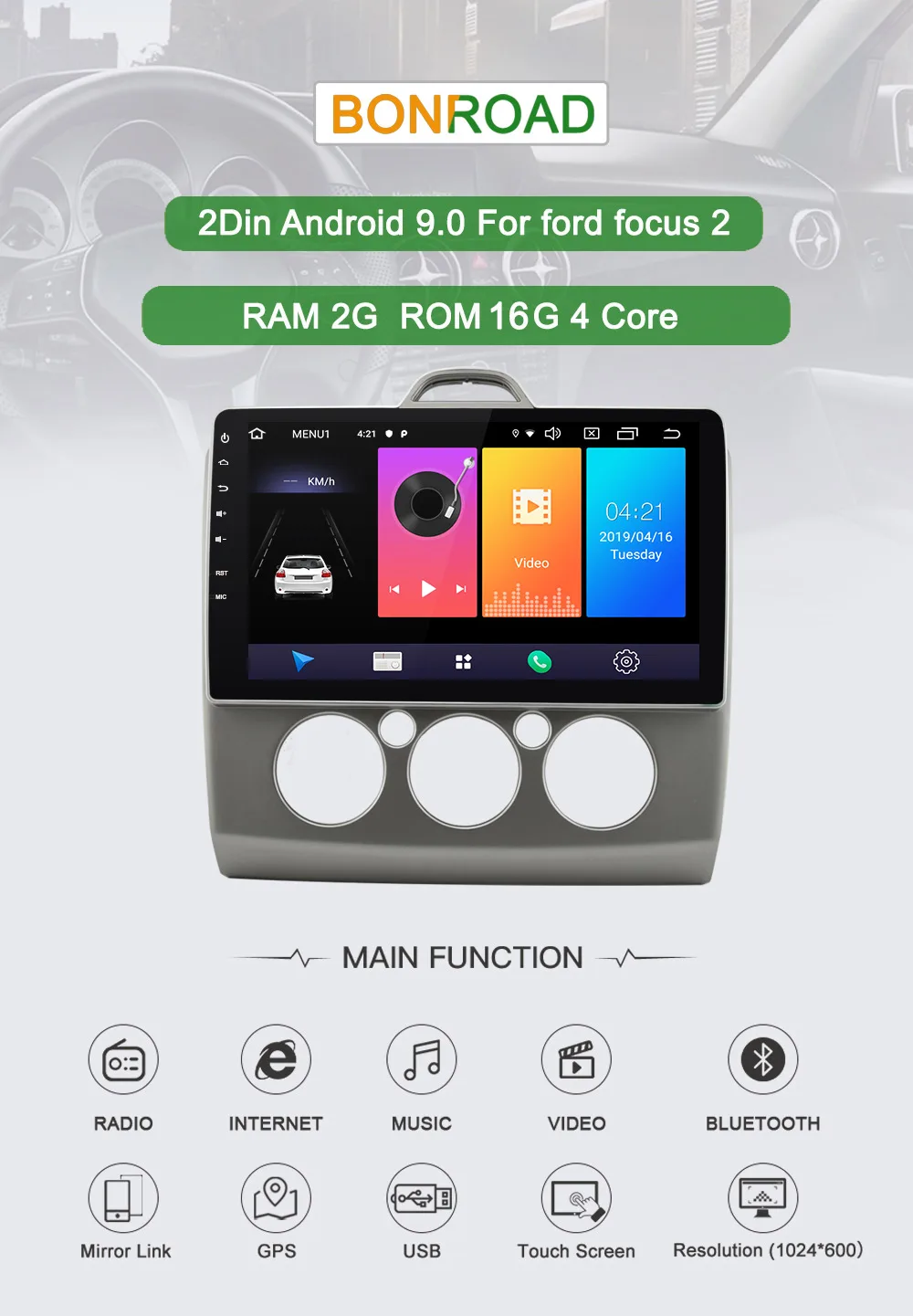 Discount Bonroad 10" Android 9.0 Car Multimedia Player For focus 2 Mk2 Radio GPS Navigation Video Audio Player 4G RAM 2G ROM 16G 0