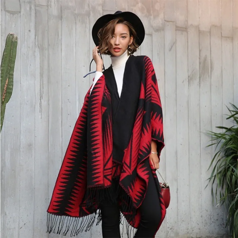European and American autumn and winter red and black split cloak shawl ethnic style thick tassel scarf shawl dual-use shawl
European and American autumn and winter red and black split cloak shawl ethnic style thick tassel scarf shawl dual-use shawl