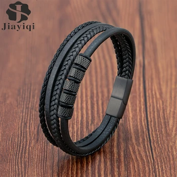 Luxury Stainless Steel Beaded Bracelet Fashion Mens Jewelry Classic Multilayer Braided Leather Bracelet Homme New Year Men Gift