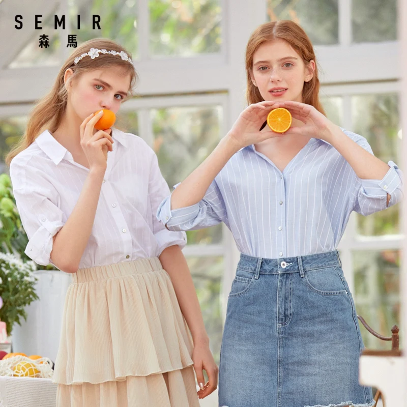 Semir mid-sleeved shirt women 2019 summer new V-neck shirt hit color stripes loose and comfortable 
Semir mid-sleeved shirt women 2019 summer new V-neck shirt hit color stripes loose and comfortable