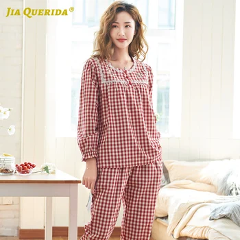 100% Cotton Woman Pajamas Homesuit Homeclothes Fashion Style Casual Style Long Sleeve Long Pants Pajamas Set Plaid Printing
100% Cotton Woman Pajamas Homesuit Homeclothes Fashion Style Casual Style Long Sleeve Long Pants Pajamas Set Plaid Printing