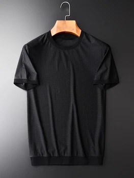 

Checked Fabric Yarn-dyed Dark Grain New O-neck Slim Fashion Men's Short Sleeve T-shirts M-3XL 4XL