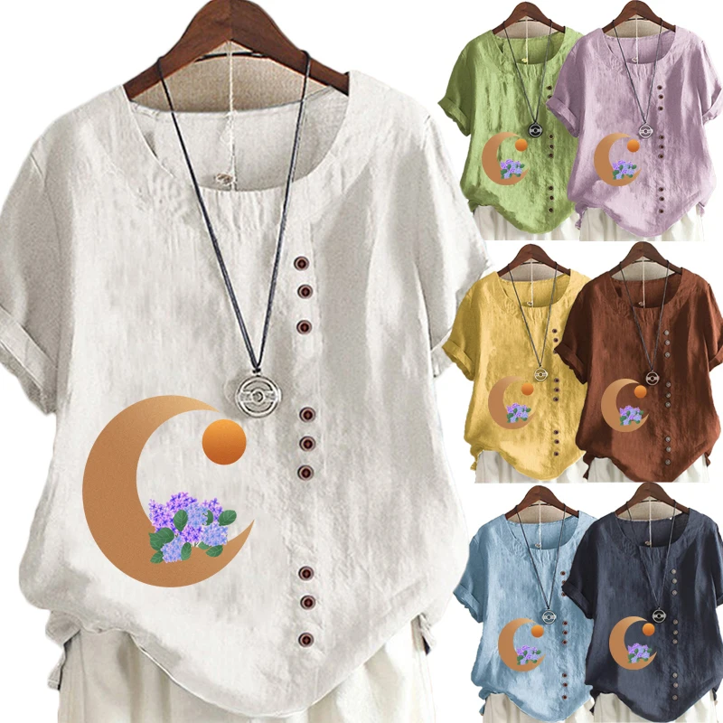 

2021 Summer Women's Fashion Moon Flower Printed Short Sleeve Round Neck Blouse Ladies Linen Button Tops Loose T-shirts Plus Size