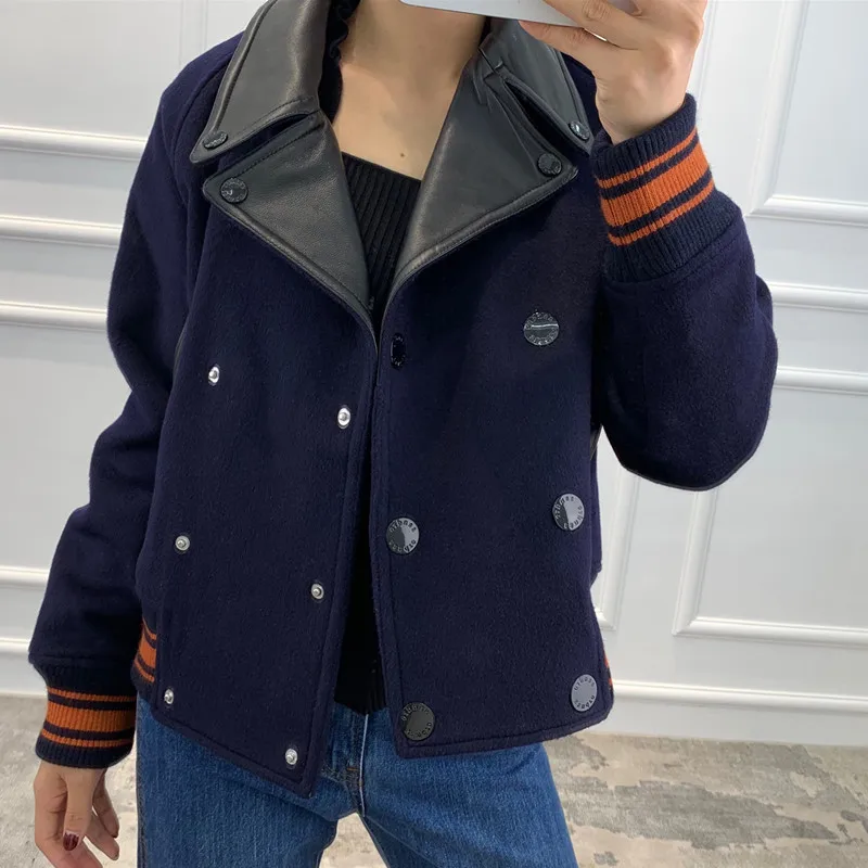 Women's Short Coat Double Breasted Patchwork Turn-down Collar Long Sleeve Jacket with Pockets New
Women's Short Coat Double Breasted Patchwork Turn-down Collar Long Sleeve Jacket with Pockets New