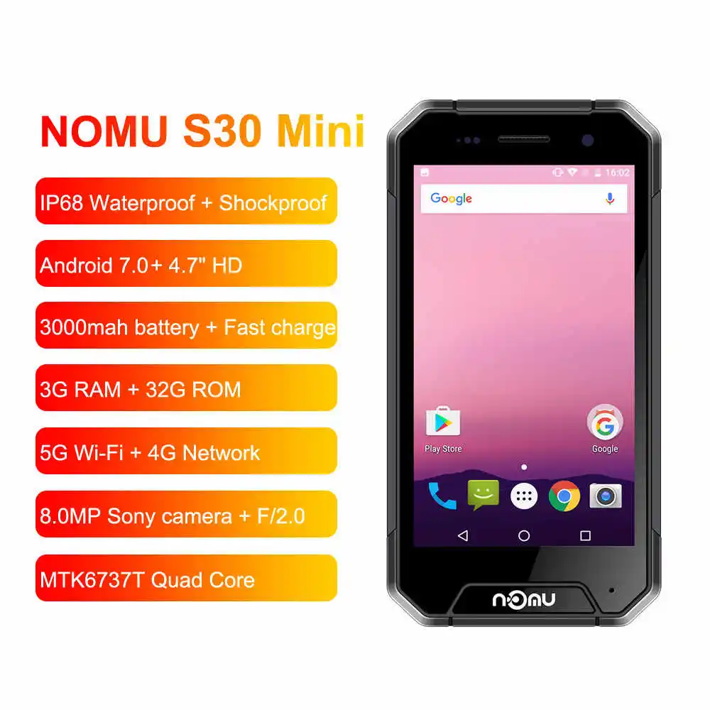 

NOMU S30 Mini SmartPhone 3GB RAM 32GB ROM 4.7" 4G LTE Telephone MTK6737VWT Quad Core Android 7.0 8.0MP Waterproof Mobile Phone