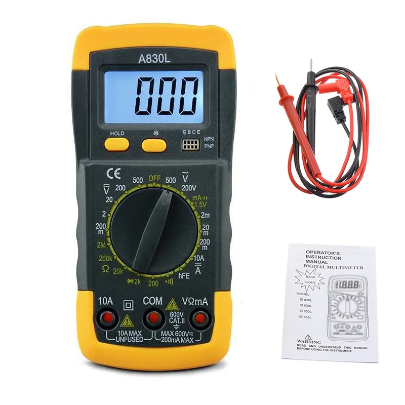 1Pcs A830L LCD Digital Multimeter AC DC Voltage Diode Freguency Multitester Current Tester Luminous Display with Buzzer Function
1Pcs A830L LCD Digital Multimeter AC DC Voltage Diode Freguency Multitester Current Tester Luminous Display with Buzzer Function