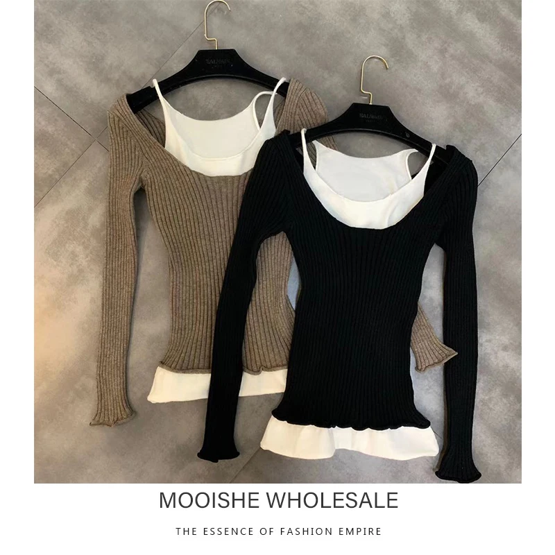 2019 Autumn New Color Matching Sling Fake Two Pieces Waist Woman Stretch Sweater
2019 Autumn New Color Matching Sling Fake Two Pieces Waist Woman Stretch Sweater