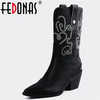 

FEDONAS Embroider Big Size Female Western Boots Leather Women Mid-Calf Boots Chelsea Boots High Heels Night Club Shoes Woman