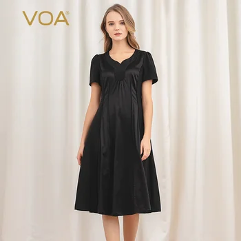 VOA classic black silk mid waist short sleeve peach heart collar contrast material splicing pleats slim commuter dress a10516
VOA classic black silk mid waist short sleeve peach heart collar contrast material splicing pleats slim commuter dress a10516