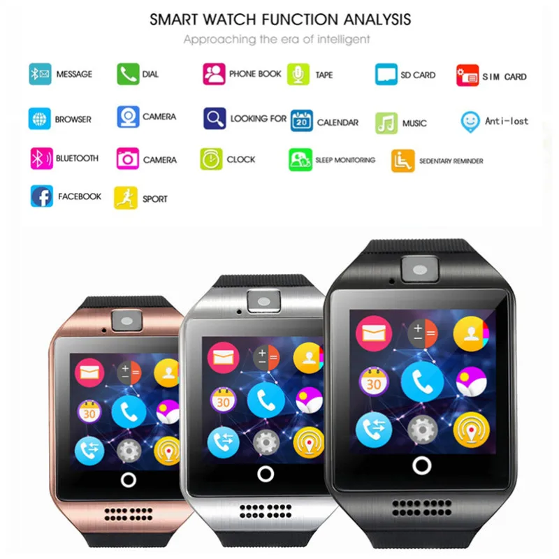 

q18 bluetooth smart watch men with camera facebook whatsapp twitter sync sms smartwatch support sim tf card for ios android