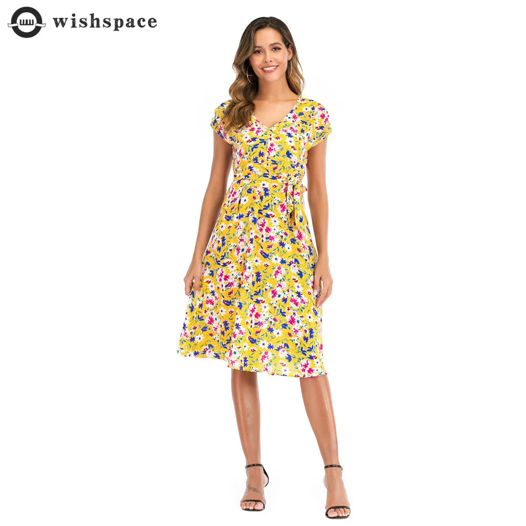 wishspace summer autumn new small V-neck short-sleeved floral dress put on a large beach dress fashion dress skirt woman
wishspace summer autumn new small V-neck short-sleeved floral dress put on a large beach dress fashion dress skirt woman