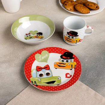 Set of children's dishes "Cars in love", 3 items: mug 230 ml, bowl 400 ml, plate 18 cm
Set of children's dishes "Cars in love", 3 items: mug 230 ml, bowl 400 ml, plate 18 cm