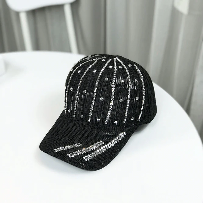 

Summer Hat Women's Hollow Out Breathable Knitted Diamond Inlaid Baseball Cap Sunscreen Sun Visor Girl's Fashion Outdoor Black