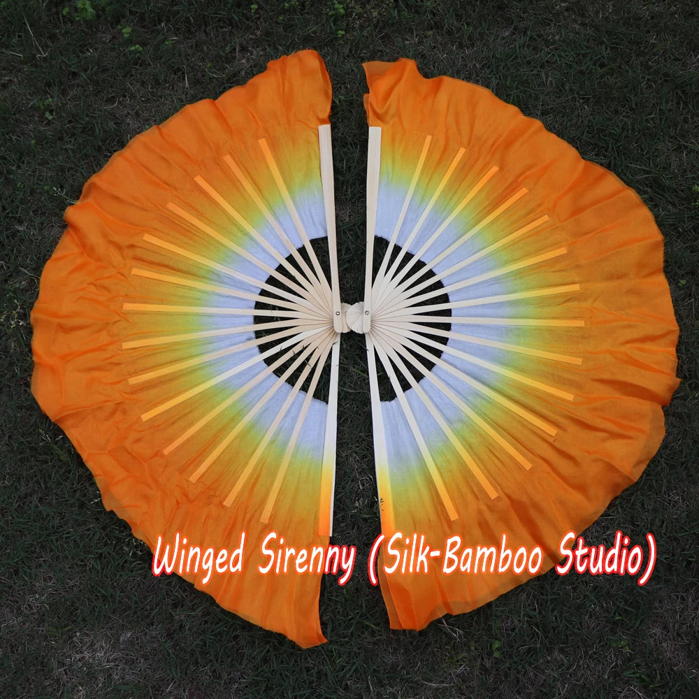 Фото Белый-orange 1 пара 30 см бамбук + 10 китайский танцевальный Шелковый веер (флаттер) 2