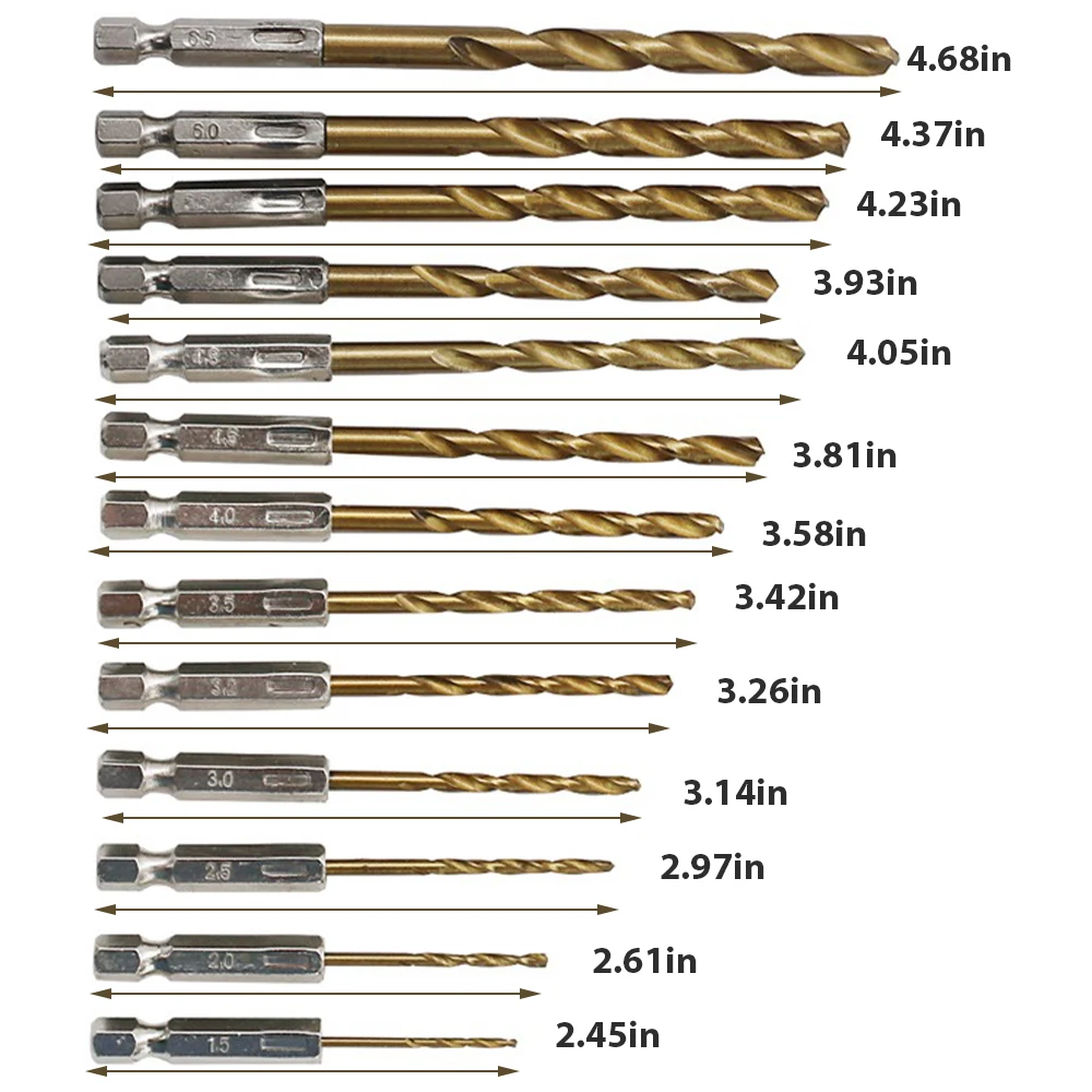 13PCS 1/4 Twist Drill Bit Titanium HSS Coated Drill Bit Set Hex Shank 1.5-6.5mm HSS High Speed Steel Durable Steel Wood Plastic
13PCS 1/4 Twist Drill Bit Titanium HSS Coated Drill Bit Set Hex Shank 1.5-6.5mm HSS High Speed Steel Durable Steel Wood Plastic