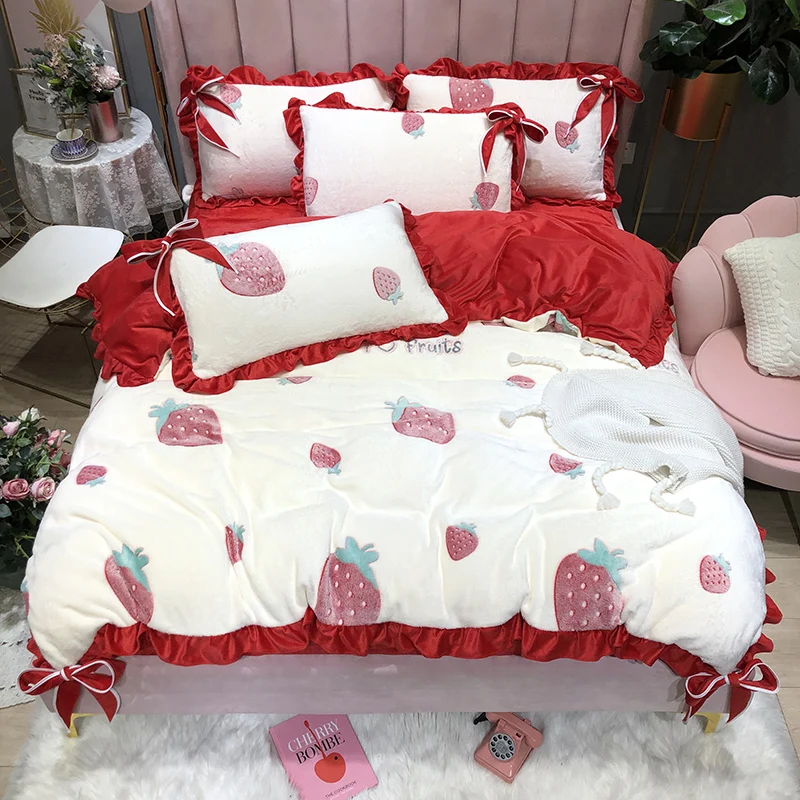 Strawberry Flowers printing White Velvet Flannel Fleece Princess Bedding Set Bow Duvet Cover Bed Linen Fitted Sheet Pillowcases
Strawberry Flowers printing White Velvet Flannel Fleece Princess Bedding Set Bow Duvet Cover Bed Linen Fitted Sheet Pillowcases