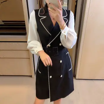 2020 Designer fashion runway dress Women long sleeves Vintage pearl belt Double-Breasted Slim black mini Dress
2020 Designer fashion runway dress Women long sleeves Vintage pearl belt Double-Breasted Slim black mini Dress