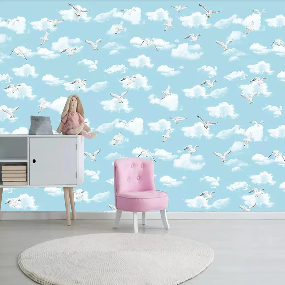 

Milofi custom 3D wallpaper mural dreamy 3d blue sky white clouds seagull children's room background wall decoration wallpaper