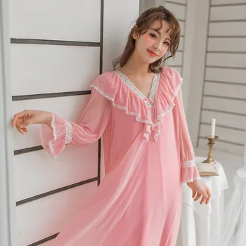 Female Long Style Lace Princess Sexy V-Neck Nightgown Graceful Ruffles Collar Women Gauze Full Sleeves Modal Sleepdress Homewear
Female Long Style Lace Princess Sexy V-Neck Nightgown Graceful Ruffles Collar Women Gauze Full Sleeves Modal Sleepdress Homewear
