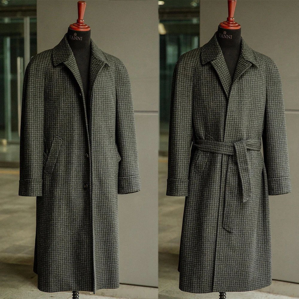 

Latest Coat Design Men Suits Tailor-Made Houndstooth Cloth Party Prom Groom Tuxedo With Belt Long Overcoat