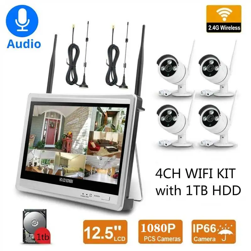Wireless Surveillance Camera System 4 CH 1080P Home Security System CCTV Wifi NVR Kit with 12.5inch LCD Monitor with 1TB HDD
Wireless Surveillance Camera System 4 CH 1080P Home Security System CCTV Wifi NVR Kit with 12.5inch LCD Monitor with 1TB HDD
