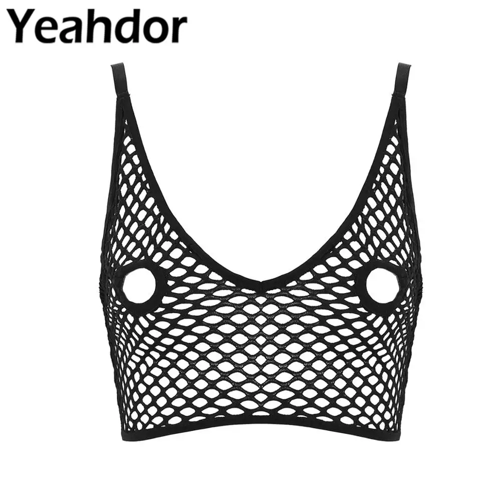 

Sexy Women Erotic Hollow Out Nipples Netted Tank Crop Top Spaghetti Shoulder Straps Hollow Out Longline Female Bra Tops Lingerie