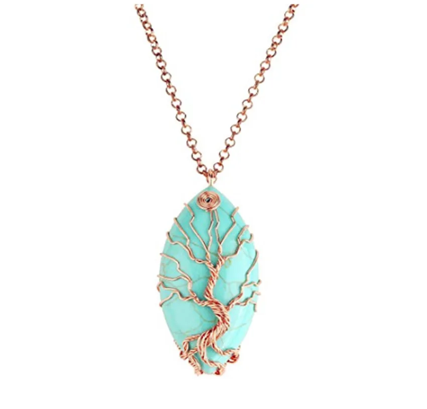 FYJS Unique Rose Gold Color Wire Wrap Marquise shape Green Turquoises Stone Pendant Tree of Life Necklace
FYJS Unique Rose Gold Color Wire Wrap Marquise shape Green Turquoises Stone Pendant Tree of Life Necklace