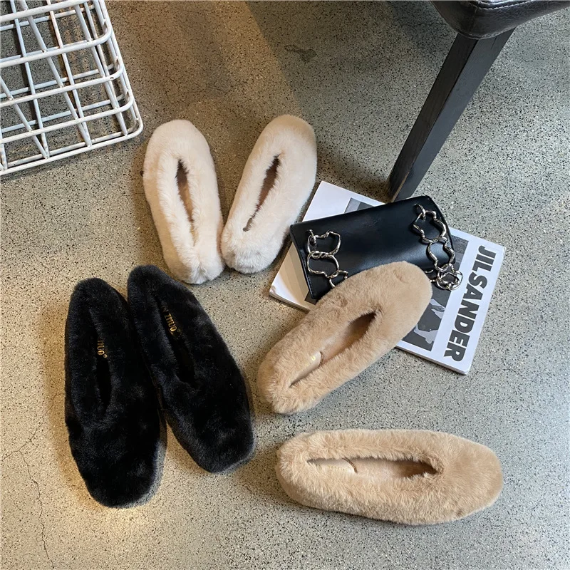 

European Winter Furry Loafers Solid Slip on Flats Shallow Square Toe Moccasins Trendy Celebrities Socofy Espadrilles Muffins