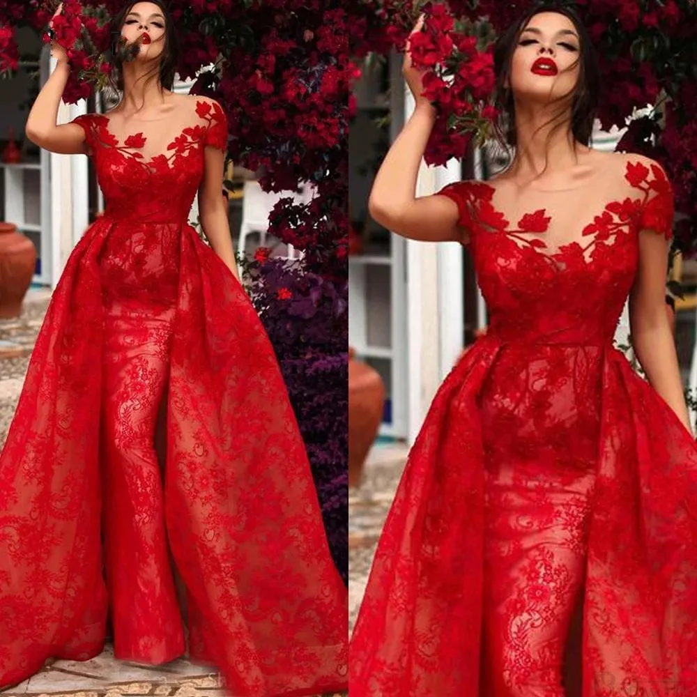 2021 Short Sleeve Red Lace Evening Dresses Mermaid Prom Dress Long Appliqué Detachable Train Elegant Pageant Gown Vestidos Noiva
2021 Short Sleeve Red Lace Evening Dresses Mermaid Prom Dress Long Appliqué Detachable Train Elegant Pageant Gown Vestidos Noiva
