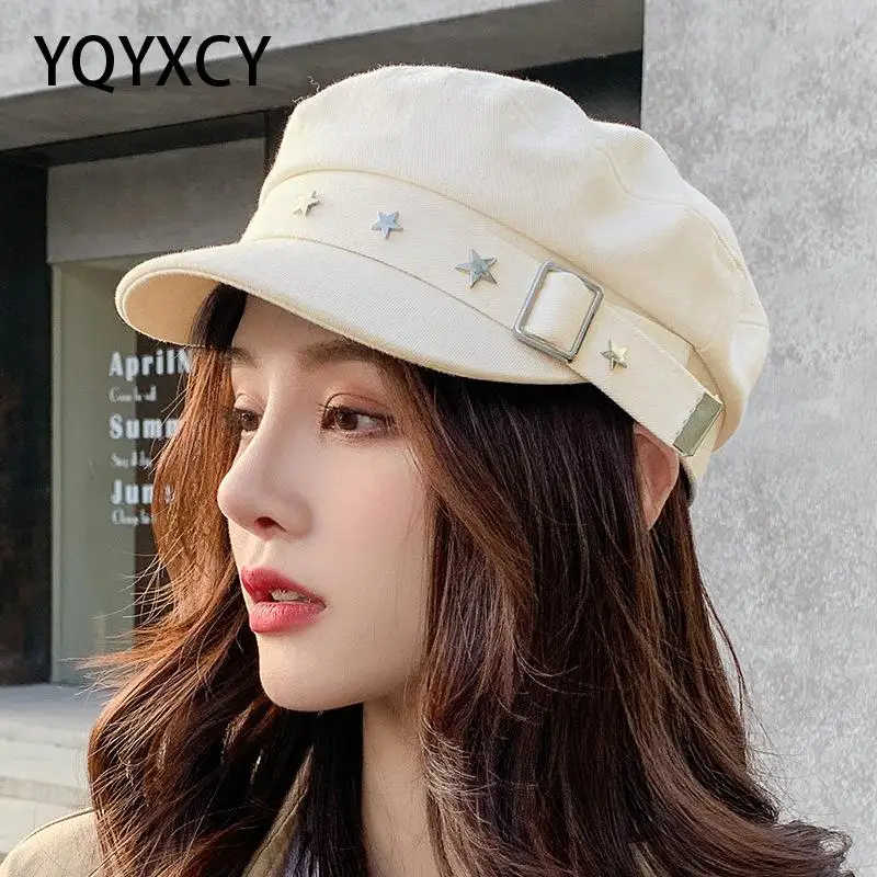 

YQYXCY Hat Women Military Cap Female Solid Color Star Flat Top Outdoor Casual Army Casquette Gorras Chapeu Gorro Fashion Hats