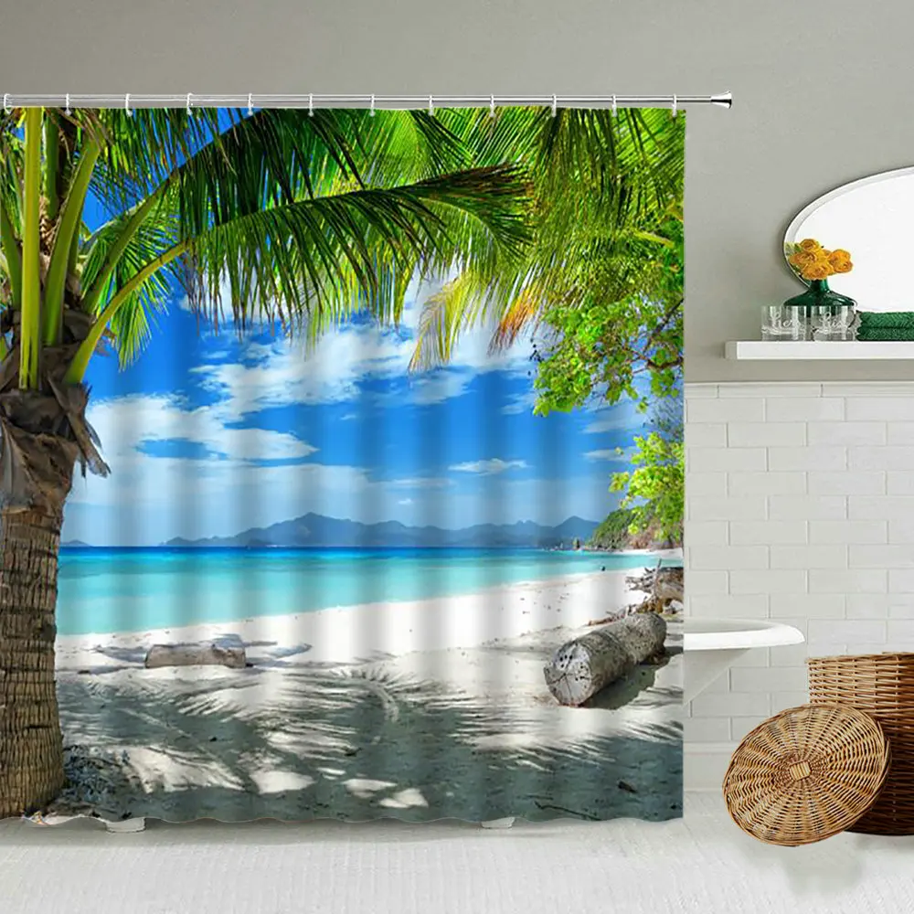 

Море, искусственное кокосовое дерево для отпуска, ванная комната, водонепроницаемые шторы из полиэстера, украшение для дома, фоновая ткань для стены
