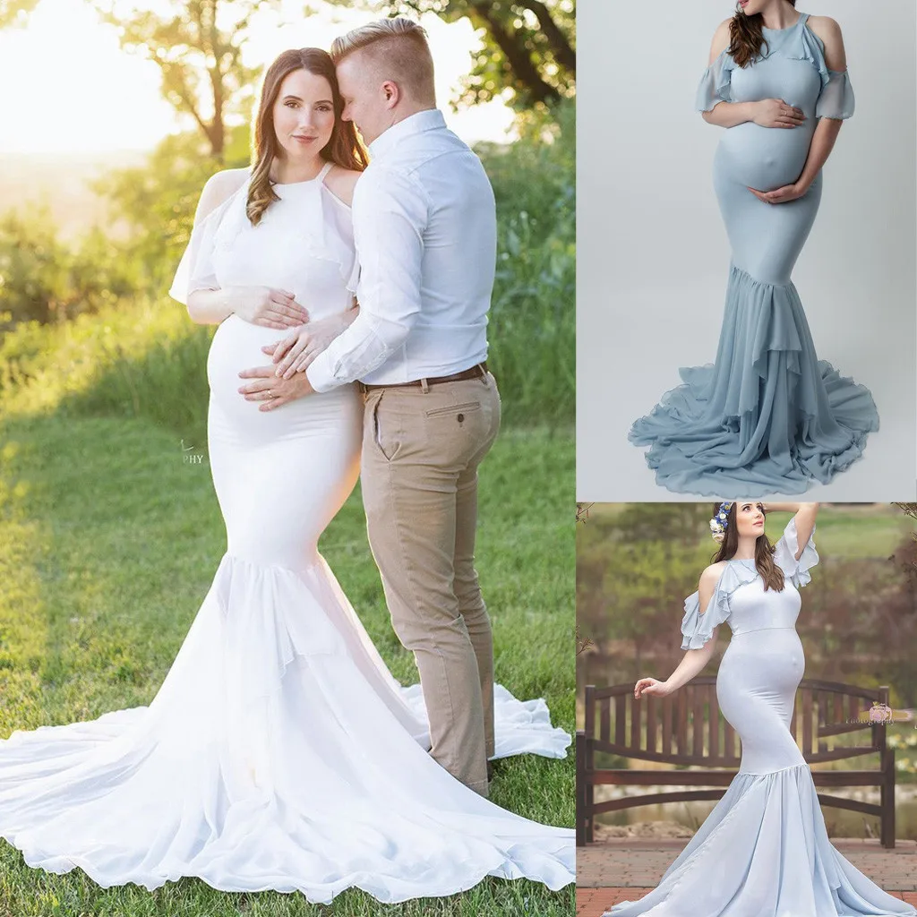 

Fishtail Maternity Dresses Wedding Slim Fit Long Dress Prom For Photo Shoot Pregnancy Dress Photography Prop Ruffle Maxi Dress