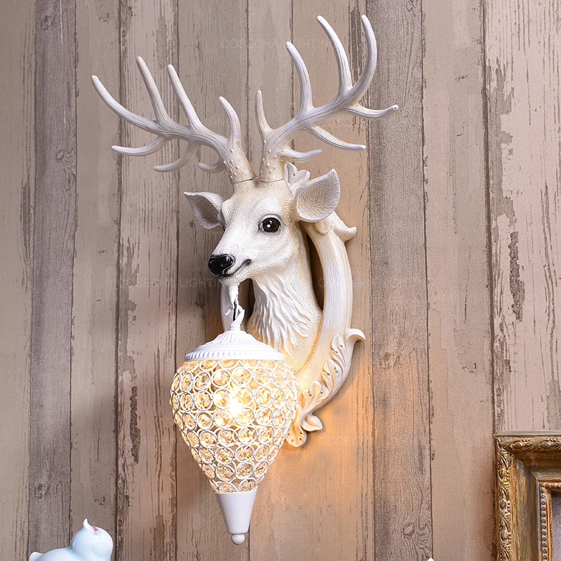 

Antler White Wall Lamps Nordic Crystal Sconce Wall Light Creative Deer Head Resin Lamp For Farmhouse Bedroom Living Room Hallway