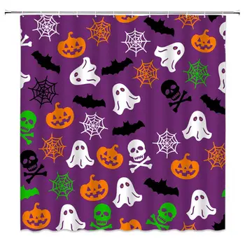 Halloween Pumpkin Head Shower Curtain Decor Skull Goblin Spider Web Bats Geometry Patterns in Purple Fabric Art Print,Waterproof 
Halloween Pumpkin Head Shower Curtain Decor Skull Goblin Spider Web Bats Geometry Patterns in Purple Fabric Art Print,Waterproof