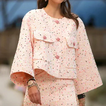 High Quality Runway Cropped Tweed Jacket 2019 Fall Round Neck Single Breasted Short Coat Jacket Flare Sleeve Pink Outerwear
High Quality Runway Cropped Tweed Jacket 2019 Fall Round Neck Single Breasted Short Coat Jacket Flare Sleeve Pink Outerwear