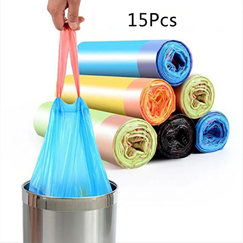 

15Pcs/roll Plastic Thickening Leakproof Waste Bag Home Kitchen Drawstring Garbage Bag Portable Trash Bags Random Color