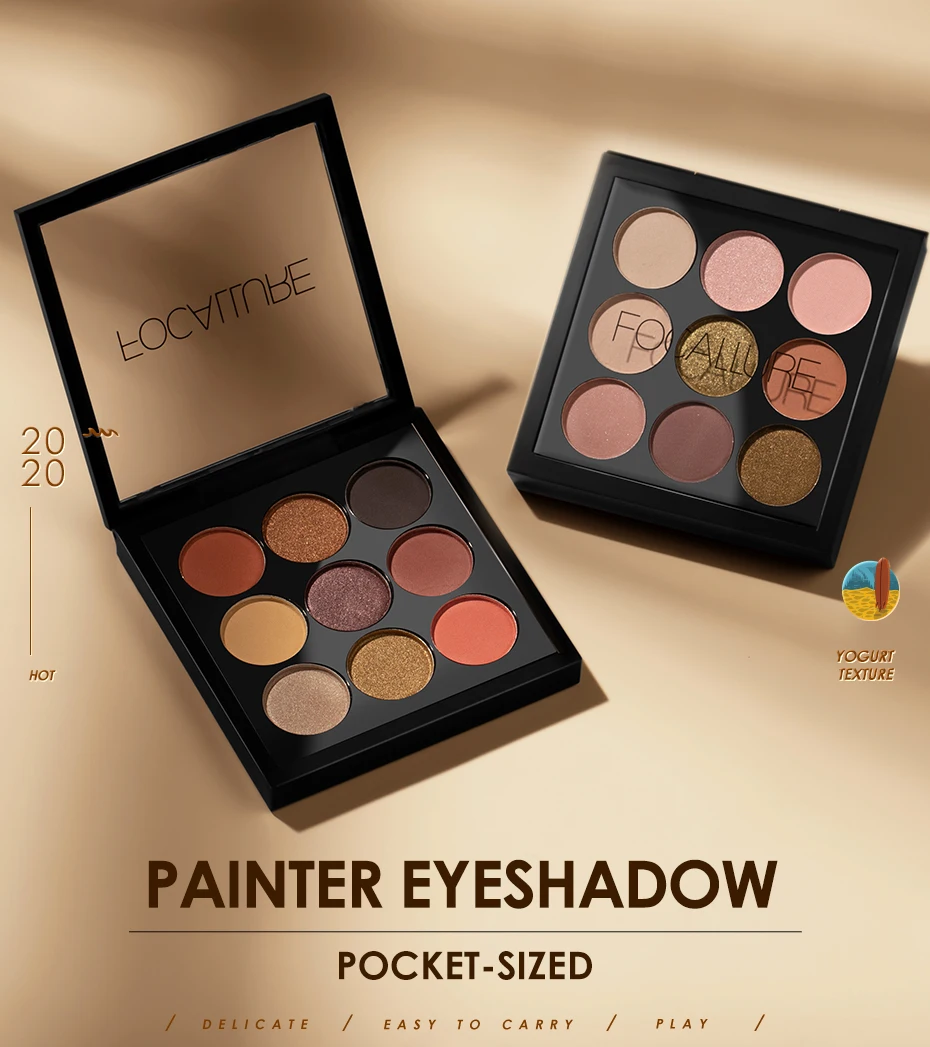 FOCALLURE 9 Colors Earth Tone Shimmer Matte Pigment Glitter Eyeshadow Palette Artist Shadow Palette Makeup Metallic Eye Shadow