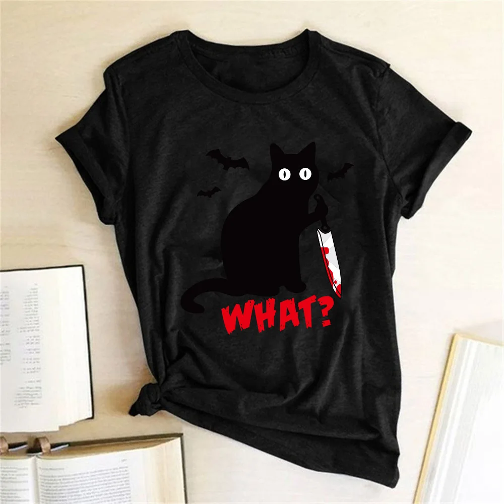 FREE SHIPPING Black Cat What Tshirt Murderous Cat Knife Women Funny T Shirt JKP4751