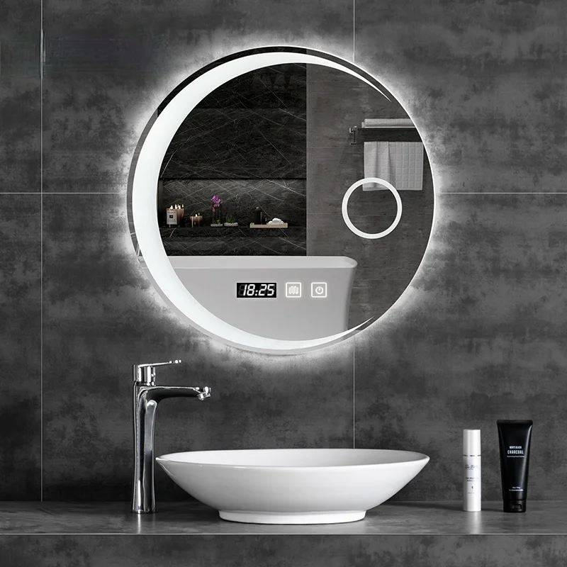 

Умное противотуманное зеркало для ванной комнаты, 60 см, в скандинавском стиле, настенная подвесная светодиодная люминесцентная лампа, круглое зеркало в форме Луны с светильник кой, зеркало для унитаза