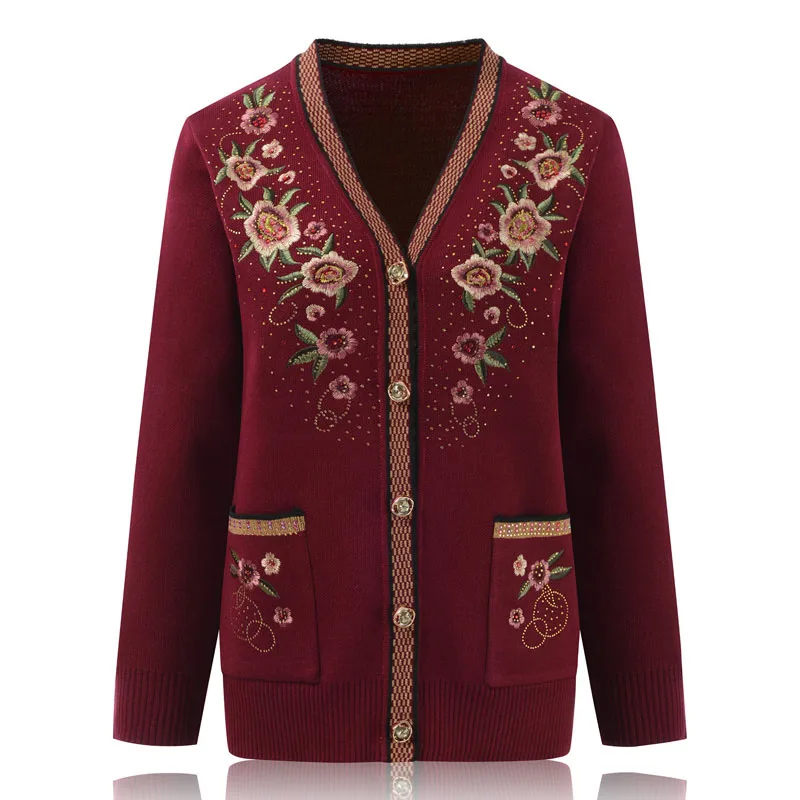 

Middle-aged Elderly Women Sweater Cardigan Coat New Autumn Winter Jacket Long-sleeved Embroidery knitt Sweater Female Tops R616