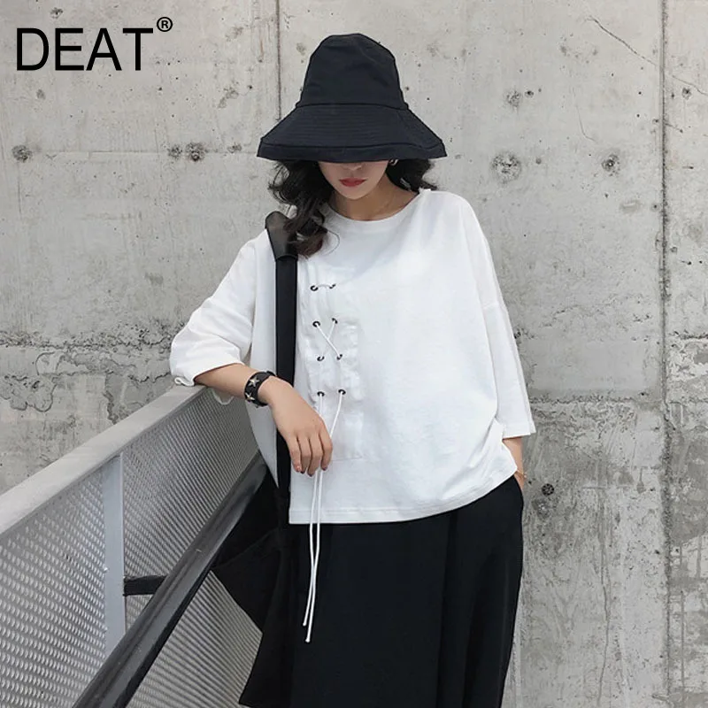 

[DEAT] 2019 New Spring Summer Round Neck Three-quarter Sleeve Brief Bandage Spliced Personality T-shirt Women Fashion Tide