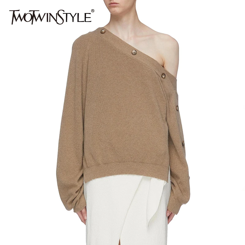 TWOTWINSTYLE Knitted Asymmetrical Women's Sweater Slash Neck One Shoulder Long Sleeve Pullovers Female 2019 Autumn Fashion New
TWOTWINSTYLE Knitted Asymmetrical Women's Sweater Slash Neck One Shoulder Long Sleeve Pullovers Female 2019 Autumn Fashion New