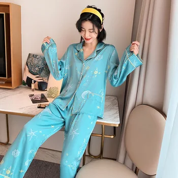 Lady Blue Print Star Moon Pyjamas 2PCS Shirt &Pant Faux Silk Pajamas Set Sexy Button Sleepwear Nightwear Spring New Home Clothes
Lady Blue Print Star Moon Pyjamas 2PCS Shirt &Pant Faux Silk Pajamas Set Sexy Button Sleepwear Nightwear Spring New Home Clothes