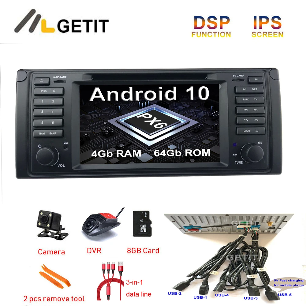 5-USB DSP Android 10 автомобильный DVD плеер стерео радио для BMW 5 E39 с GPS навигацией WiFi BT |