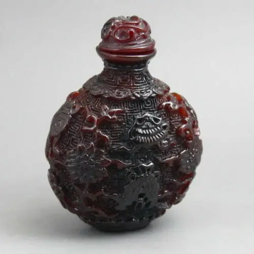 

CHINESE RARE SUPERB NATURAL OX HORN CARVED FLOWER SNUFF BOTTLE