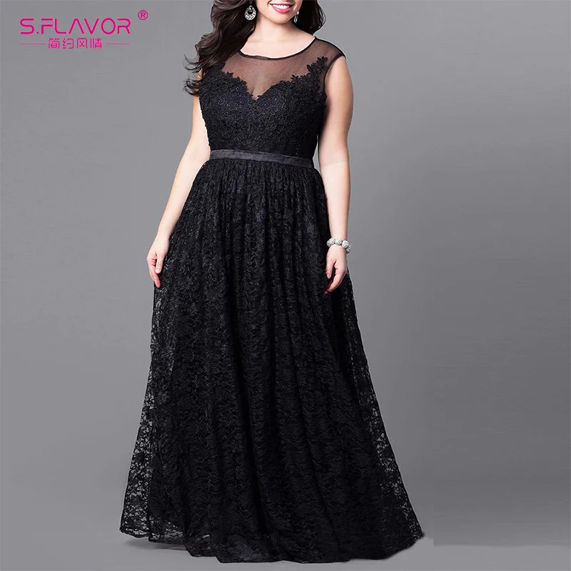 Женское длинное кружевное платье S.FLAVOR элегантное макси без рукавов с круглым