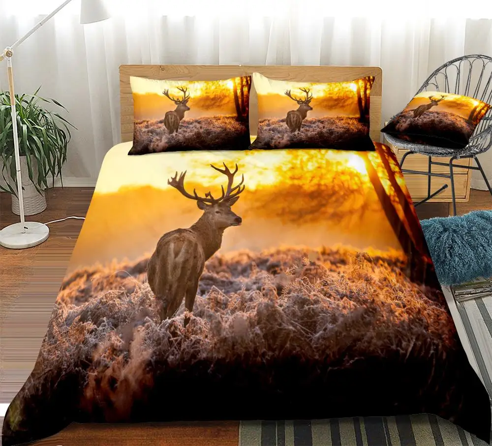 

3D Elk Duvet Cover Set Sunrise Bedding Kids Boys Girls Animal Quilt Cover Deer Home Textiles Yellow Bed Set King 3pcs Dropship