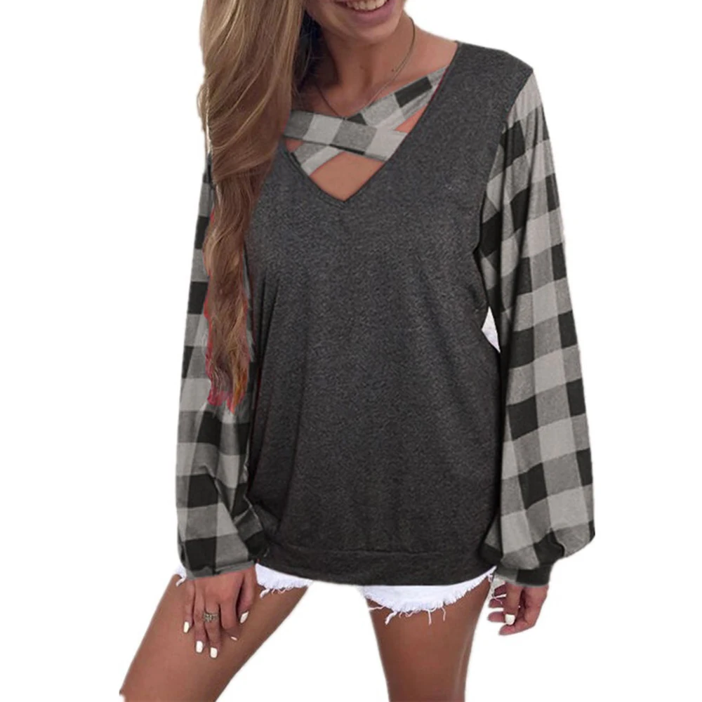 

LOOZYKIT Women Fashion Split V Neck Long Sleeve T Shirt Autumn Casual Plaid Lantern Sleeve T Shirts 2019 Loose Pullovers Tops